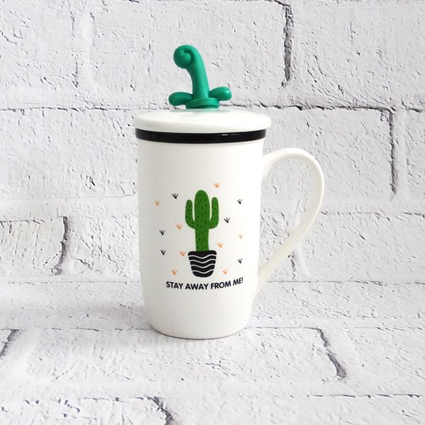 kubek ceramiczny z pokrywką i łyżeczką kaktus